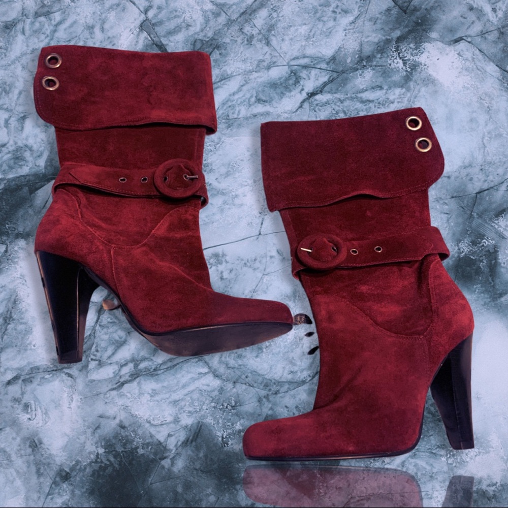 Maroon heeled booties. Suede. Buckled. ***Made to last!